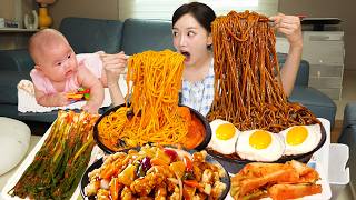 미션📜 첫 뒤집기 성공한 HARU를 돌보며 짜장면 & 짬뽕 클리어 하기 ! Jajangmyeon & Jampong Mukbang ASMR Ssoyoung