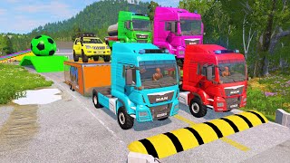 Double Flatbed Trailer Truck vs Speedbumps Train vs Cars | Tractor vs Train Beamng.Drive 080