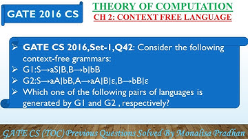 GATE CS 2016,Set-1,Q42: Consider the following context-free grammars:G1:S→aS∣B,B→b∣bB,G2:S→aA∣bB,