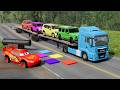 TRANSPORTING PIXAR CARS &amp; FRUITS WITH COLORED &amp; JOHN DEERE vs CLAAS vs TRACTORS - BeamNG.drive