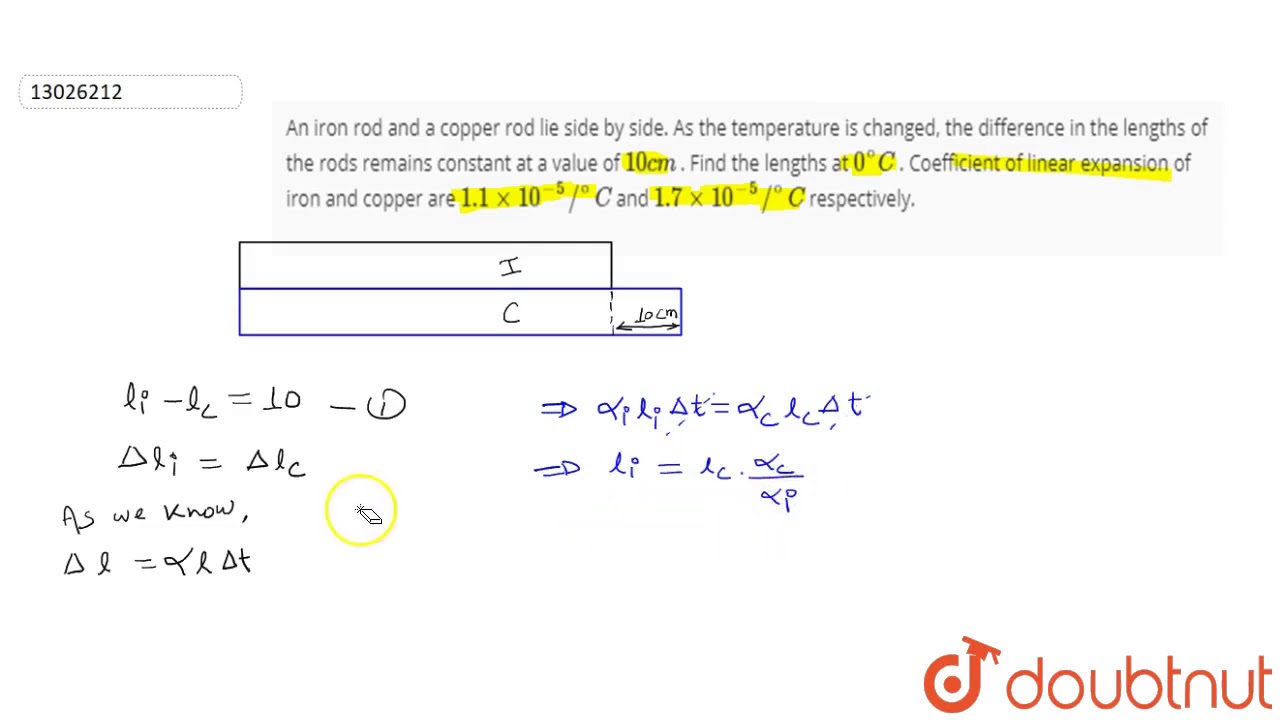 An iron rod and a copper rod lie side by side. As the temperature is changed, the difference