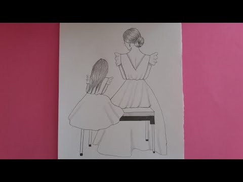 Prenses elbiseli anne kız çizimi