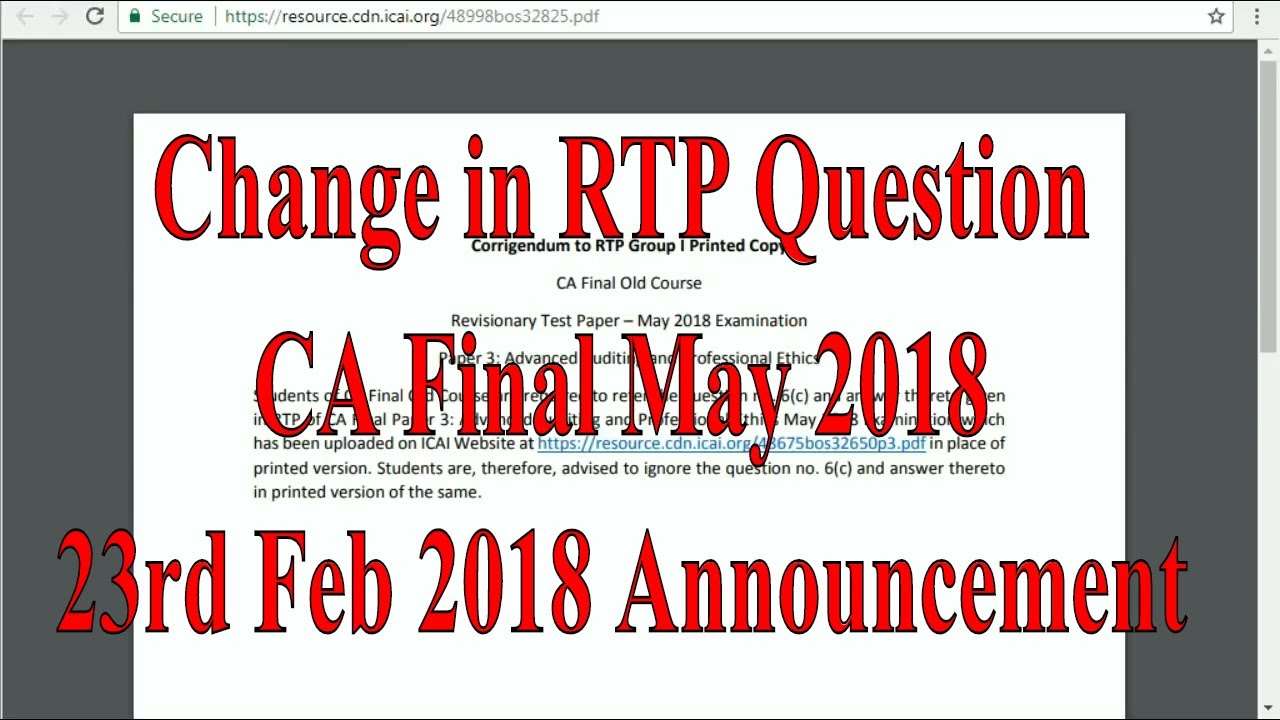 Important - CA Final || Change in RTP Question Paper No 3 for May 18 || 23rd Feb 2018 Announcement