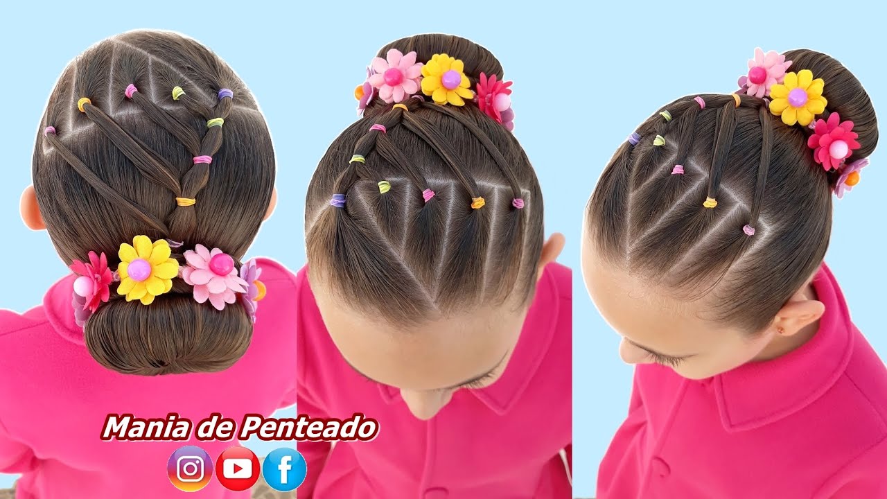 Penteado Infantil Coque em Flores de Cabelo para Festas e Formaturas, Easy  Bun Hairstyle for Girls