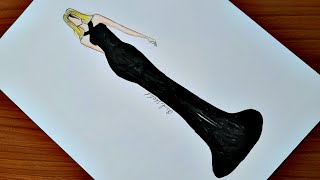 تعلم رسم فستان أسود/Fashion illustration /Black dress Drawing/siyah elbise çizimi