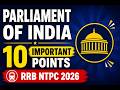 Parliament of India | 10 Important One-Liners | RRB NTPC 2026 | Indian Polity Revision