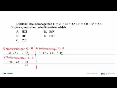 Diketahui keelektronegatifan H=2,1 ; Cl=3,5 ; F=4,0 ; Br=2,8 . Senyawa yang paling polar dibawah...