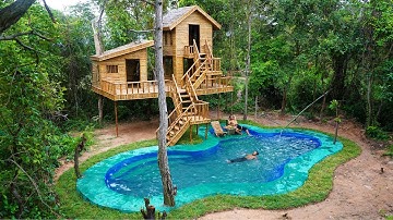 [Full] Build Survival 2-Story Bamboo House With Kitchen  On 4 Giant Tree, Swimming Pool With Cooking