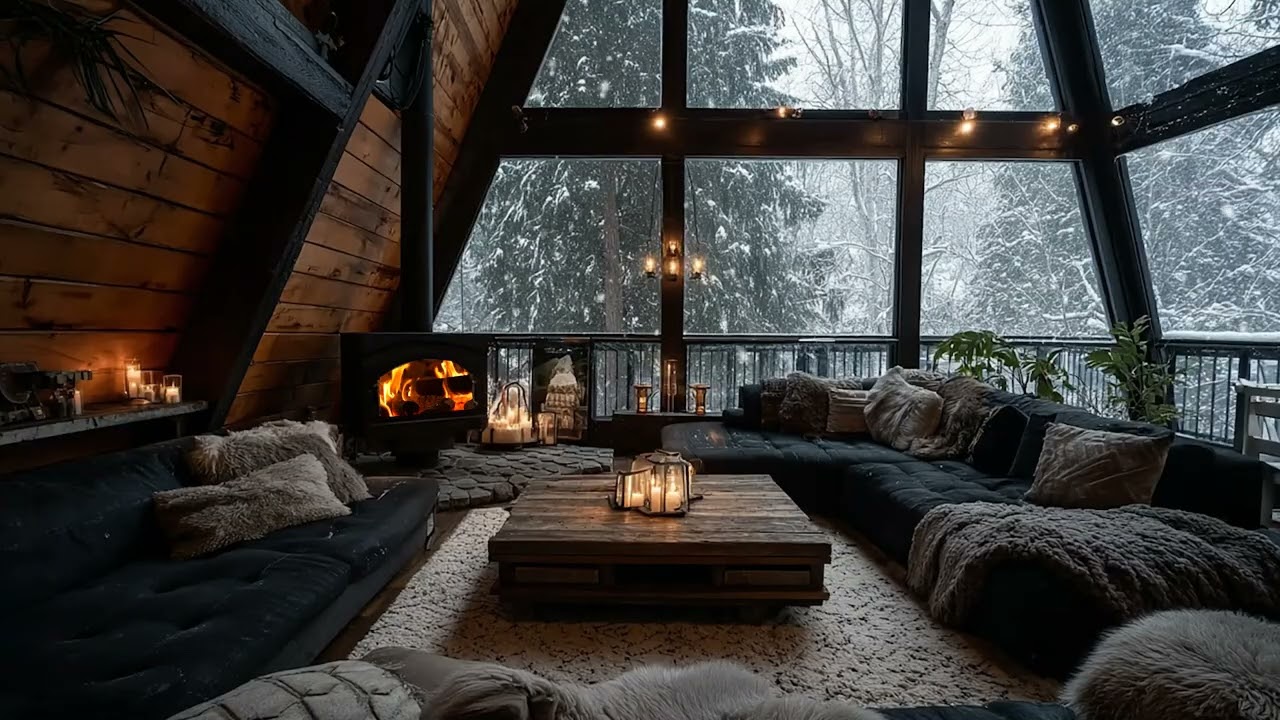 Cozy Winter Room Ambience  Crackling Fireplace Sounds & Snowstorm Outside for Sleep and Relaxation