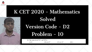 KCET 2020 maths answer key || Full solution | Problem 10 - Version Code D2