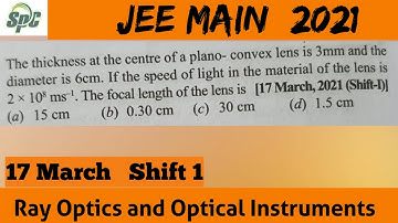 The thickness at the centre of a plano convex lens is 3mm and the diameter is 6 cm . If the speed of