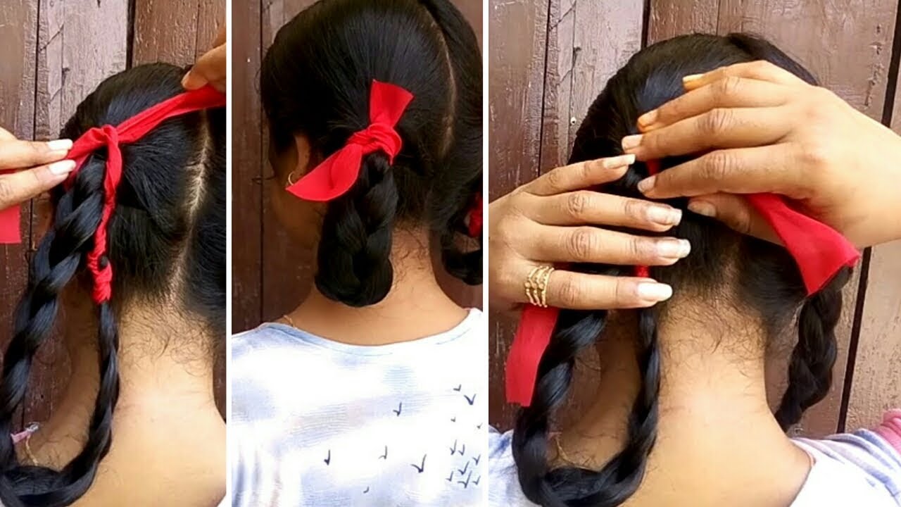 How to make school time long hair double folded with twin ribbon plaits hairstyles/school hairstyle/