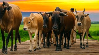 Kerumunan puluhan sapi memakan rumput di ladang luas,suara sapi jenaka 