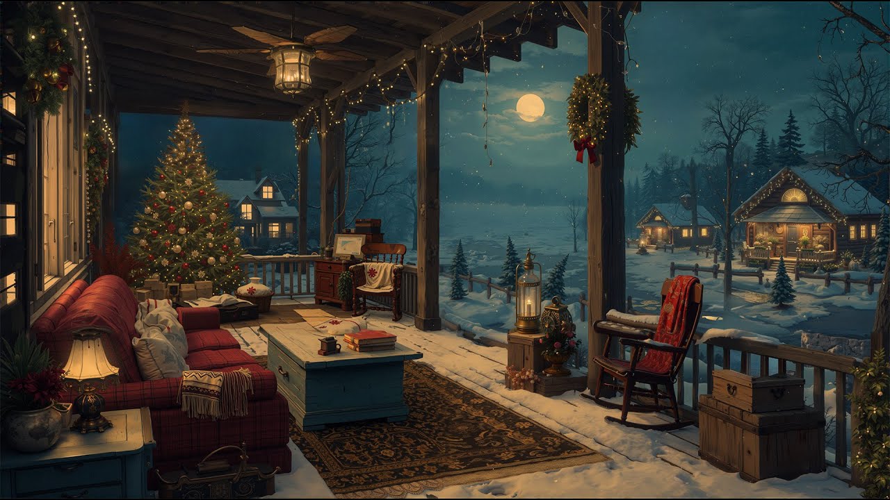 moonlit christmas porch 🎄 cozy winter cabin with 1920s oldies playing in another room