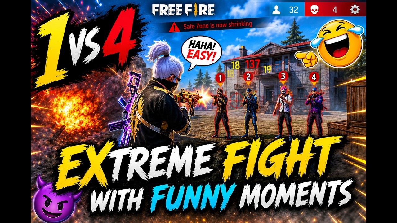 🔥 1 VS 4 Extreme Fight With Funny Moments 😂 | Free Fire Gameplay #freefire #bestmoments #video #ff