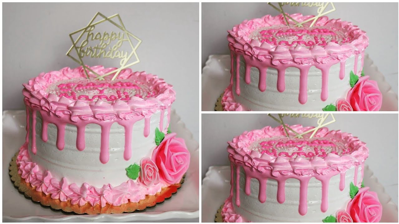 Pastel redondo de merengue suizo decorado con rosas.
