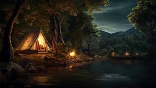 Nighttime Bliss: Campfire by the Lake Ambience with Owls, Crickets, Water, & Relaxing Night Sounds
