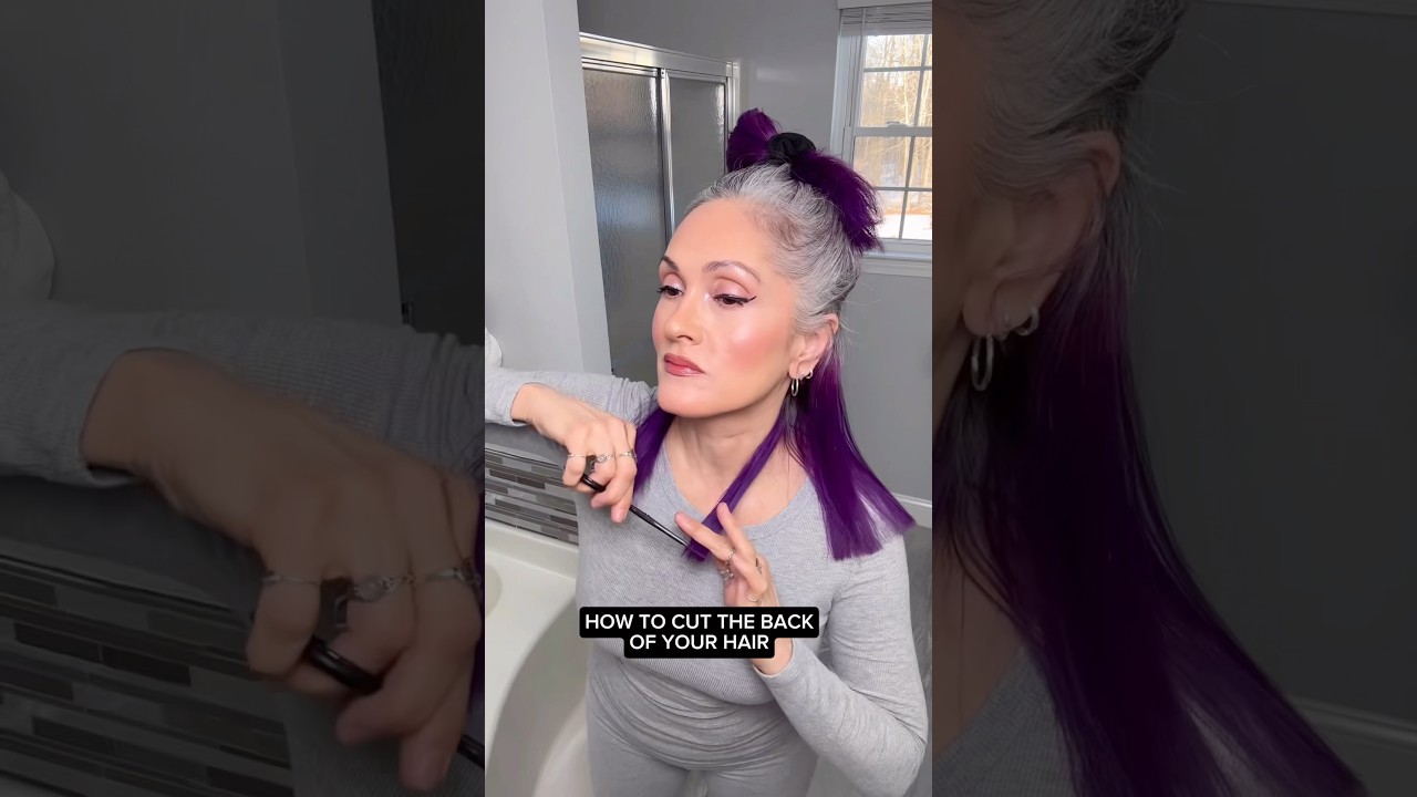 How to cut the back of your hair at home with face framing layers. #diyhaircut #grayhairtransition