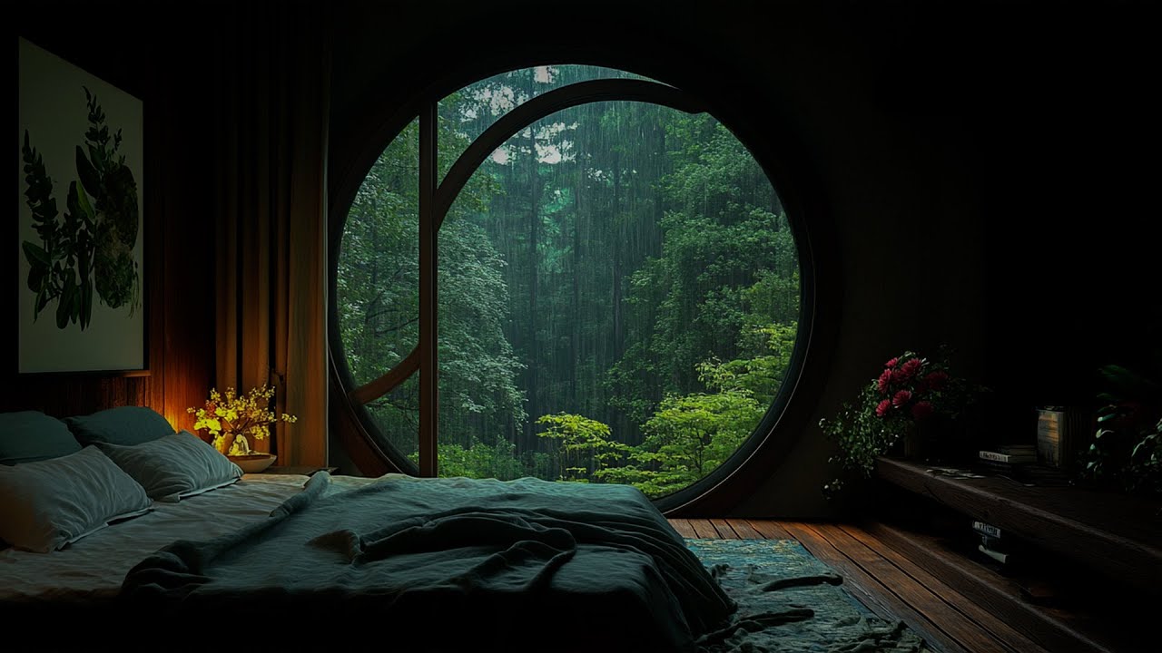 Cozy Bedroom in a Forest Cabin | Ambient Music with Soft Rain Sounds ...