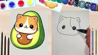 How to Draw a Cute Avocado Cat 🥑🐱 | Easy Kawaii Cat Drawing Step by Step