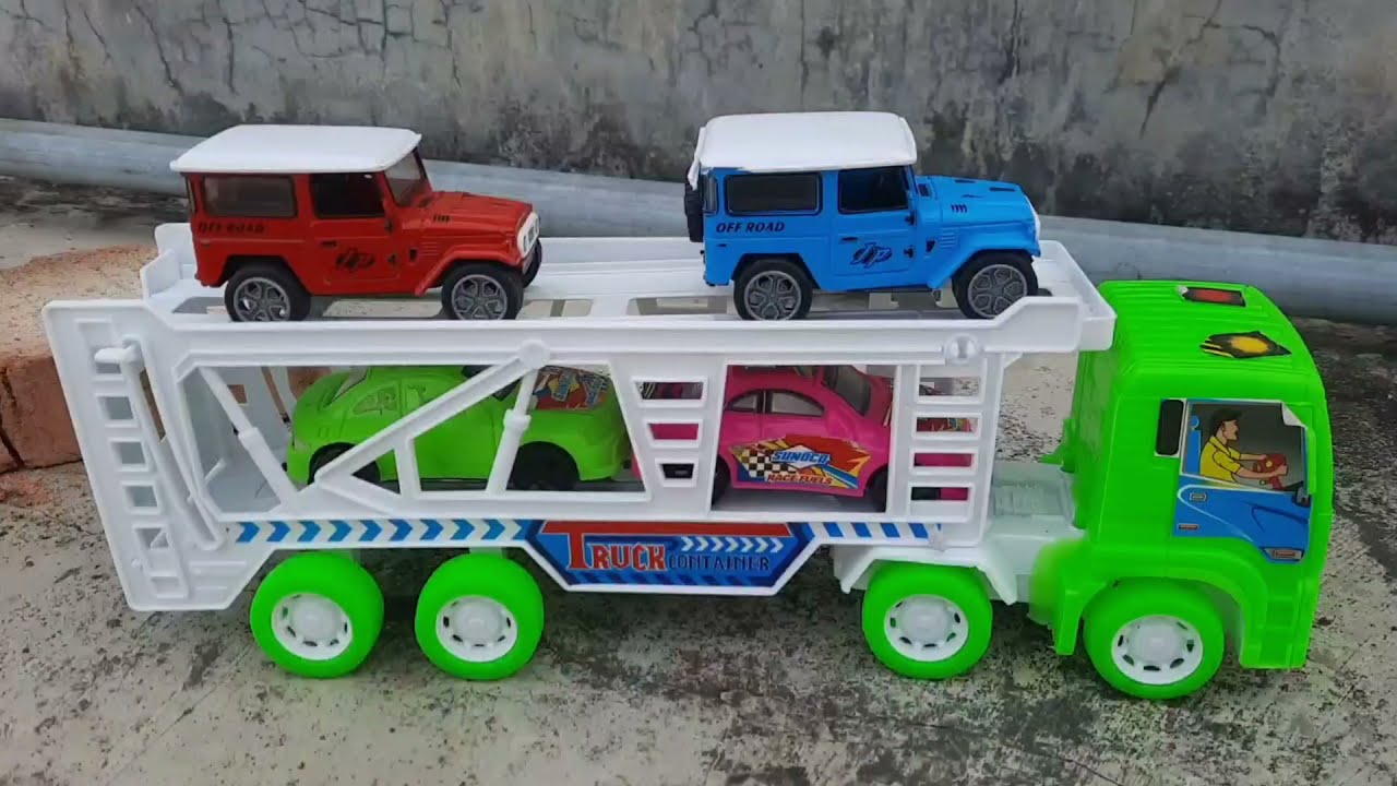 Mobil Mainan Truk Towing  Membawa Mobil Balap, Mobil Jeep, Mobil Polisi