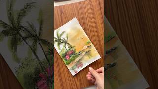 Easy Tropical Sunset Watercolor Tutorial | Palm Trees & Reflection Painting #artshorts