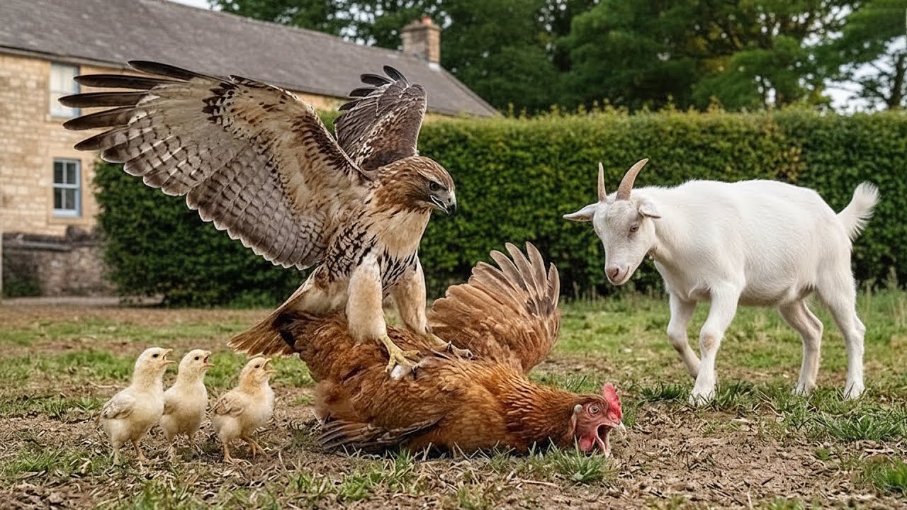 Goat's Daring 5 Minute Rescue of Mother Hen from Hawk's Clutches