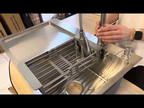 Мийка для кухні Lidz 7849BL ліва та змішувач для кухні Aria 015FL з висувним виливом, Nickel Lidz, видео 1