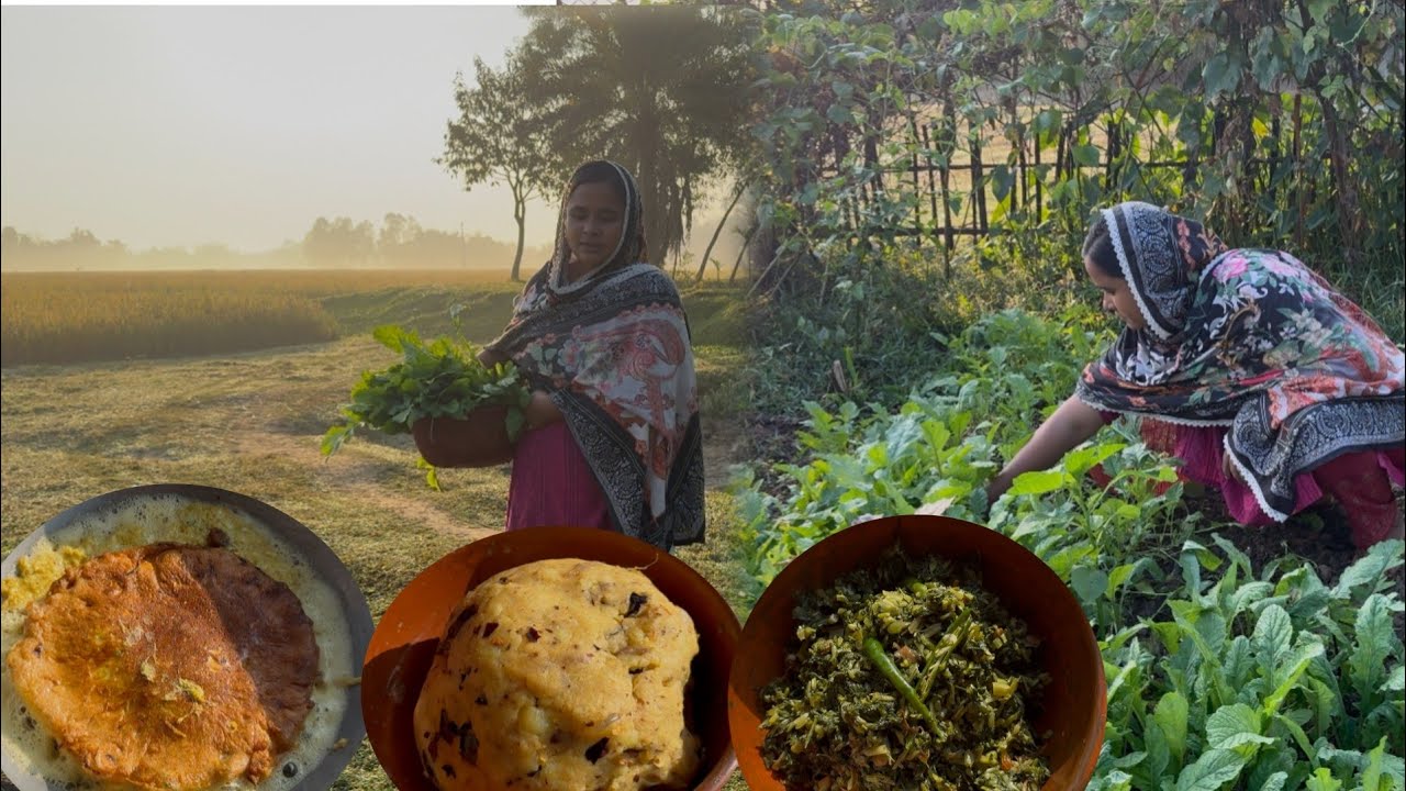 শীতের সকালে ধোঁয়া ওঠা গরম ভাত সাথে বাগানের টাটকা মুলা শাক আলু ভর্তা আর ডিম ভাজা || Villfood by Laki
