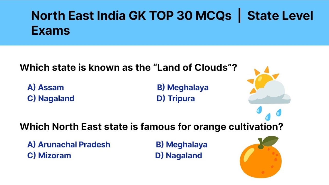 North East India GK Top 30 MCQs | State Level Exam 