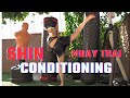 Shin conditioning with a muay thai heavy bag 