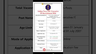 Indian Navy SSC Executive IT Recruitment 2026 | New Vacancy 2026 | dailyJobs updates #shorts #ssc