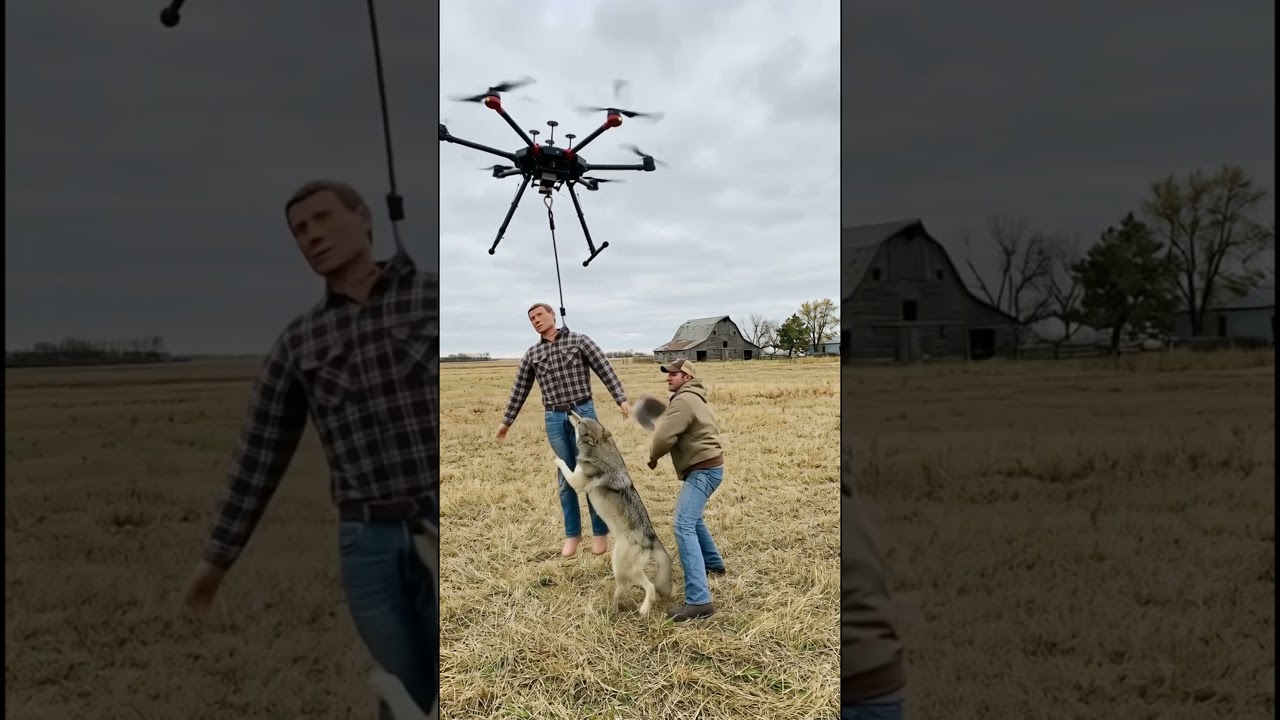 Фермер пытается сбить волка с ног, когда тот держит «добычу» в воздухе 