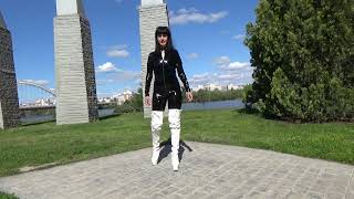 Victoria Devil in public. Shiny Black Catsuit and White Thigh High Heel Boots