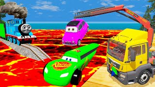 Big & Small: Mcqueen with Spinner Wheels vs King Dinoco Tow Mater vs Thomas Trains  Car vs Train