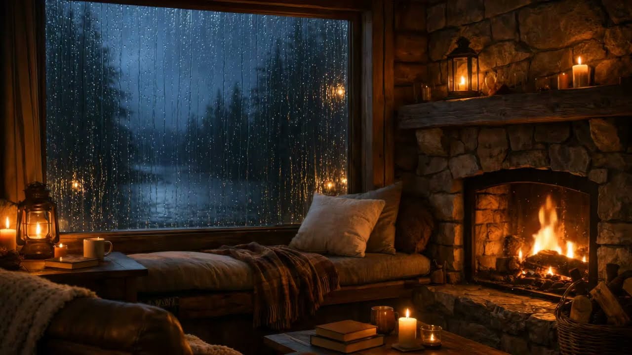 Дождливое окно домика + свет камина – Глубокий сон и расслабляющая музыка | 4K | 10 часов 💤
