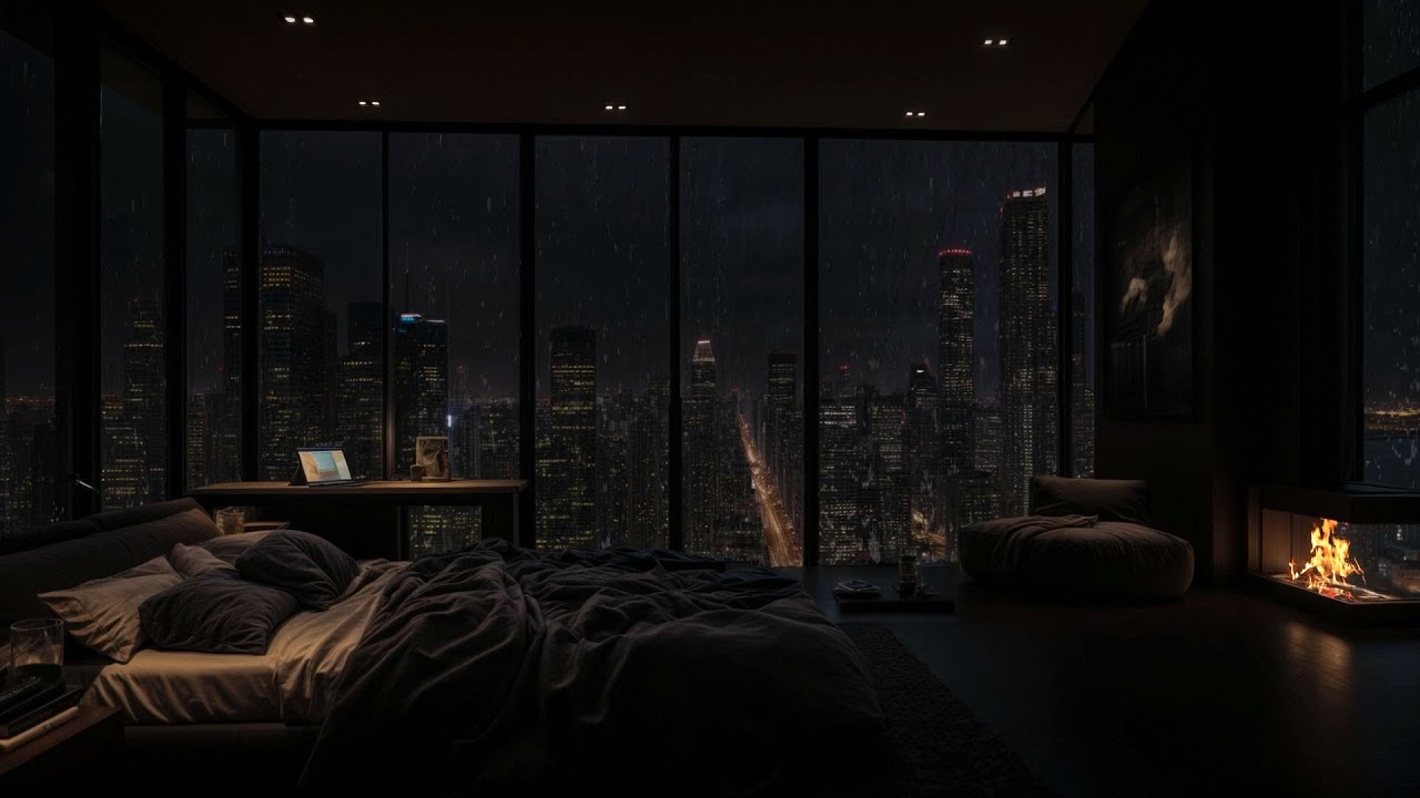 Peaceful Rainy Night 24/7 (No Ads) 😴🌧️ | Cozy Fire & Distant Thunder for Instant Sleep