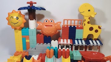 Satisfying Building Block Coaster Marble Run ASMR Giraffe, Crab, and Sun, Slide course