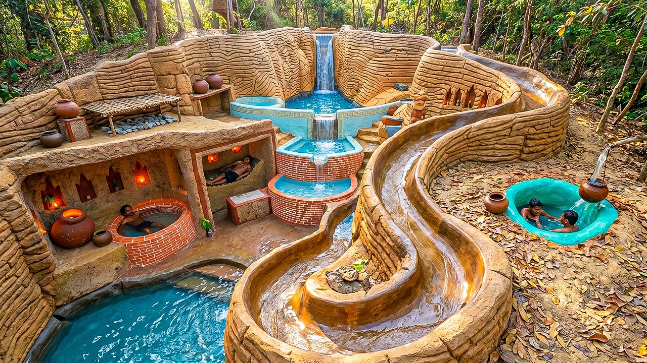 Building Jungle Cliff Spa with Multi-Tier Waterfall, Underground Hot Tub Rooms Using Primitive Tools