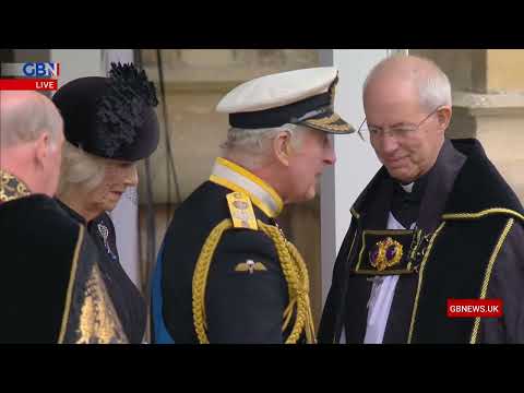 King charles iii and queen consort greet archbishop of canterbury outside st george's chapel