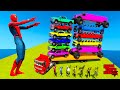 Colored Spiderman &amp; Super Heroes  Loading Big Wheels &amp; Long Trucks  Into A Six Floors Trailer