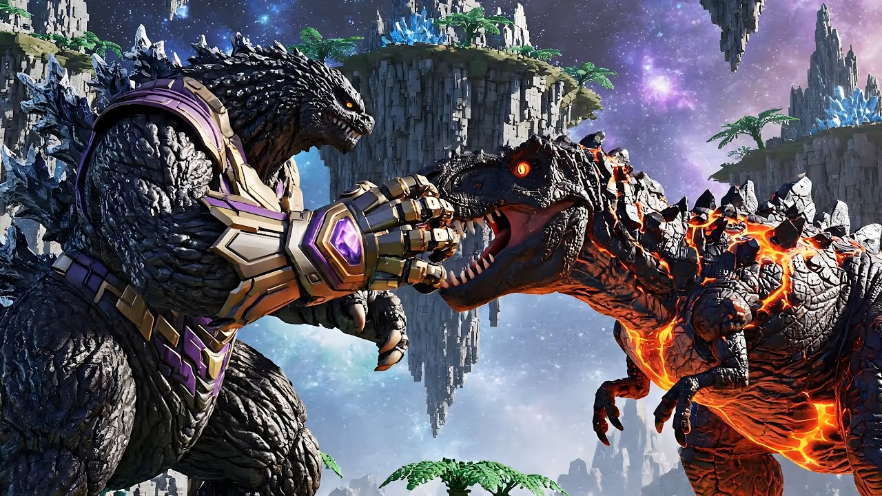 Lego Godzilla Thanos vs the Lava T Rex Epic Battle Monster in Jurassic Lego World Celestial