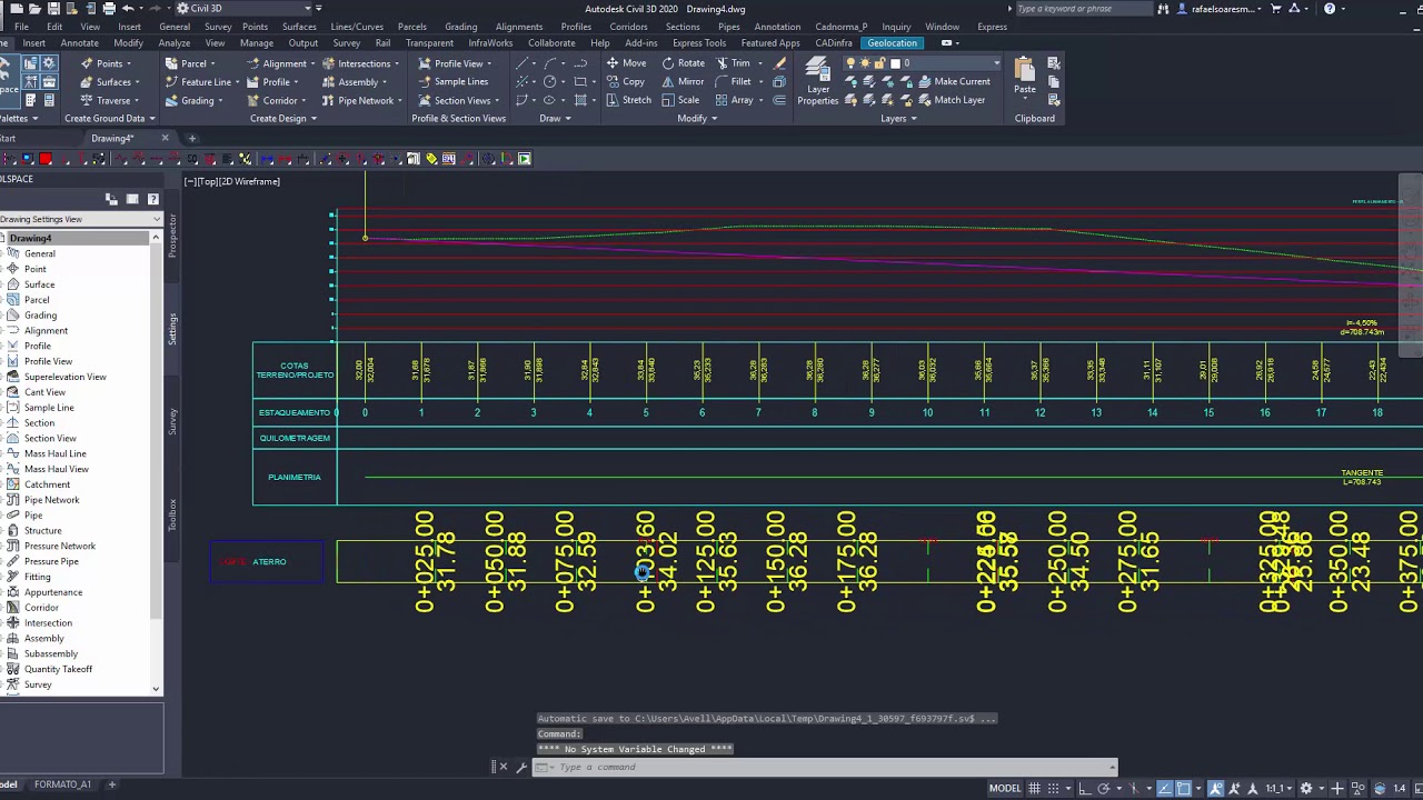 Civil 3D - Corte e Aterro no BANDSET do Perfil
