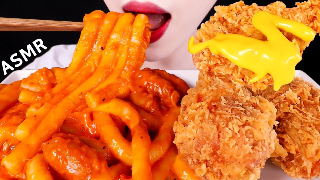 ASMR CHEESE ROSE NOODLE TTEOKBOKKI, FRIED CHICKEN 로제 누들 떡볶이, 황금올리브 치킨 EATING SOUNDS MUKBANG 먹방