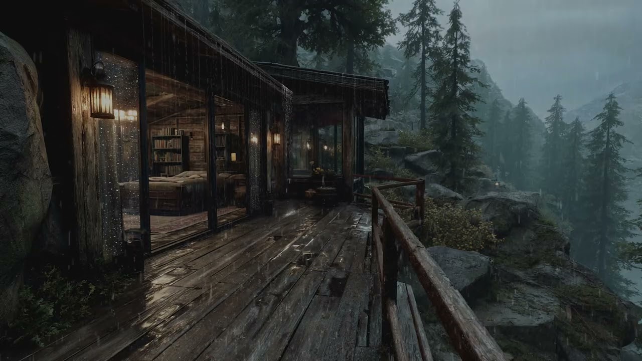 Cozy Wooden Cabin with Rain Sounds | Serene Forest & Rocky Views for Deep Sleep
