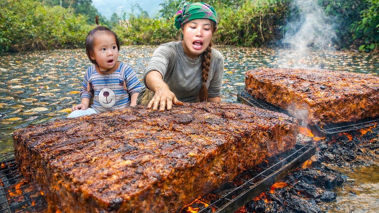 Harvesting Freshwater fish by Hand to Sell - Picking up Little daughter from school with Single mom