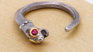 Sterling Lion Ring with Ruby Eyes and 24kt Gold Detail
