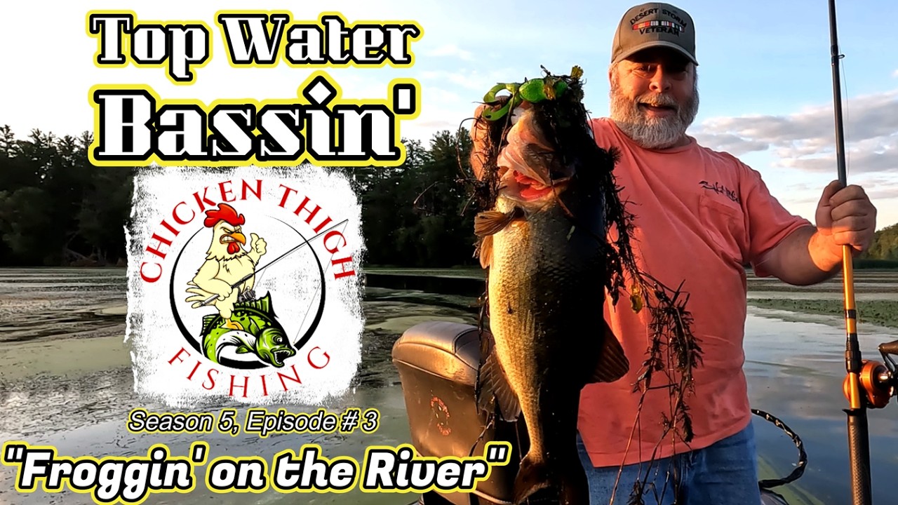 Top Water Bassin' – Big Bass River Fishing with Frogs on Chicken Thigh Fishing #topwaterbassfishing