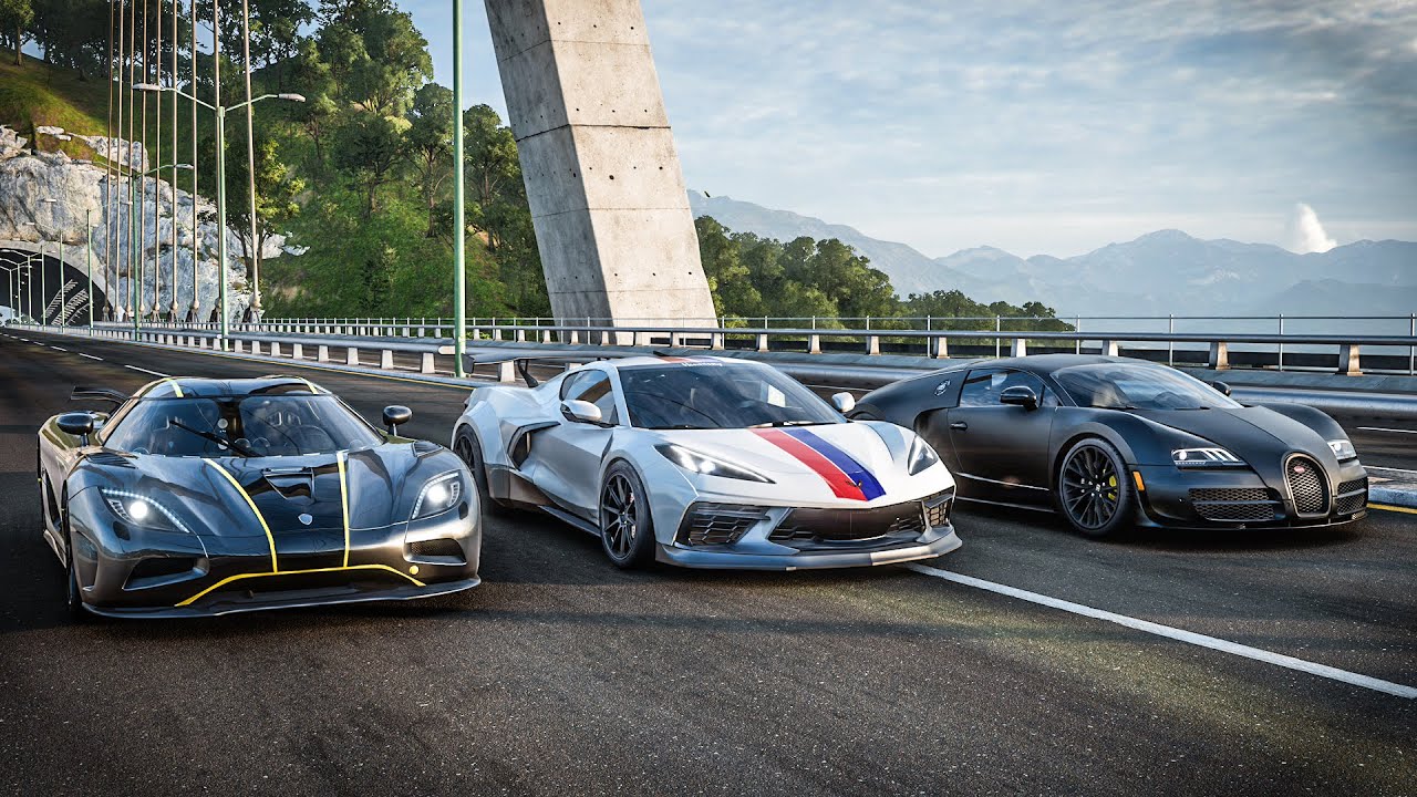 Forza Horizon 5 Drag race: Koenigsegg Agera R vs Hennessey HPE1200 C8 Corvette vs Bugatti Veyron SS
