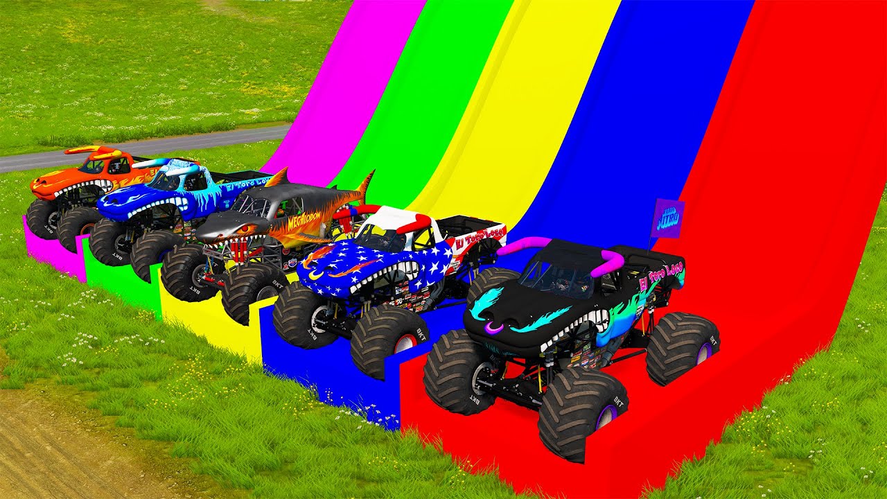 Double Flatbed Trailer Monster Trucks Transport with Slide Color - Cars vs Speed bump - BeamNG #82